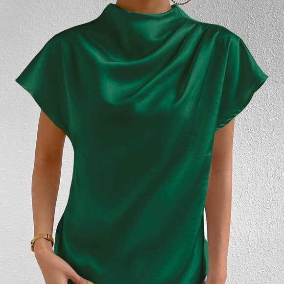 Green Party Women's Mock Neck Batwing Sleeve Satin Blouse - Picture 4 of 6